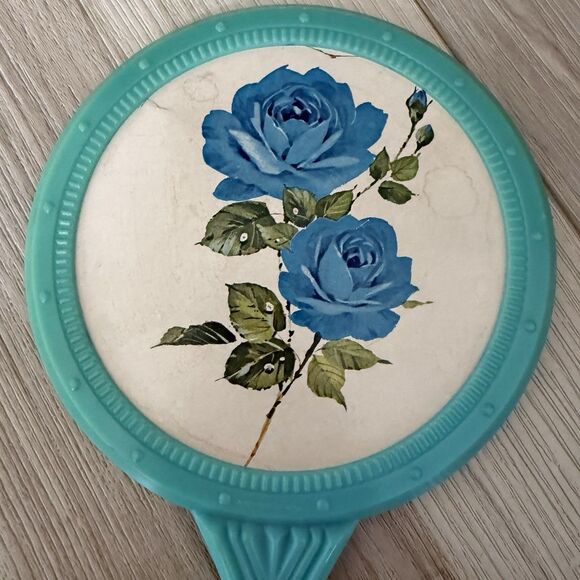 Vintage 1960s Bakelite Handheld 11" Blue Mirror w/blue Roses floral Design - Picture 3 of 4